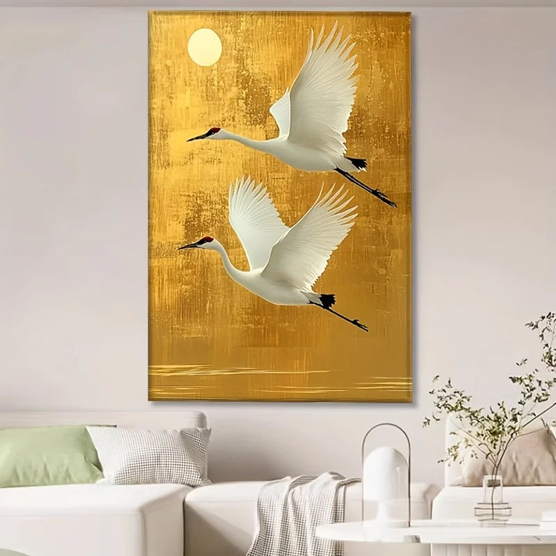 elegant white crane on golden background frameless chinese style canvas