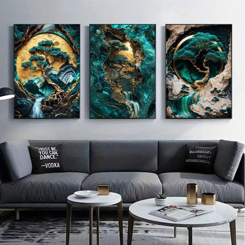 jade green marble effect with gold lines three piece canvas set