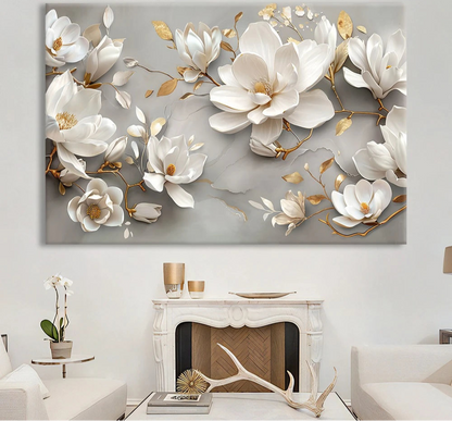 Decorative floral wall art on a gray background with a living room setting.