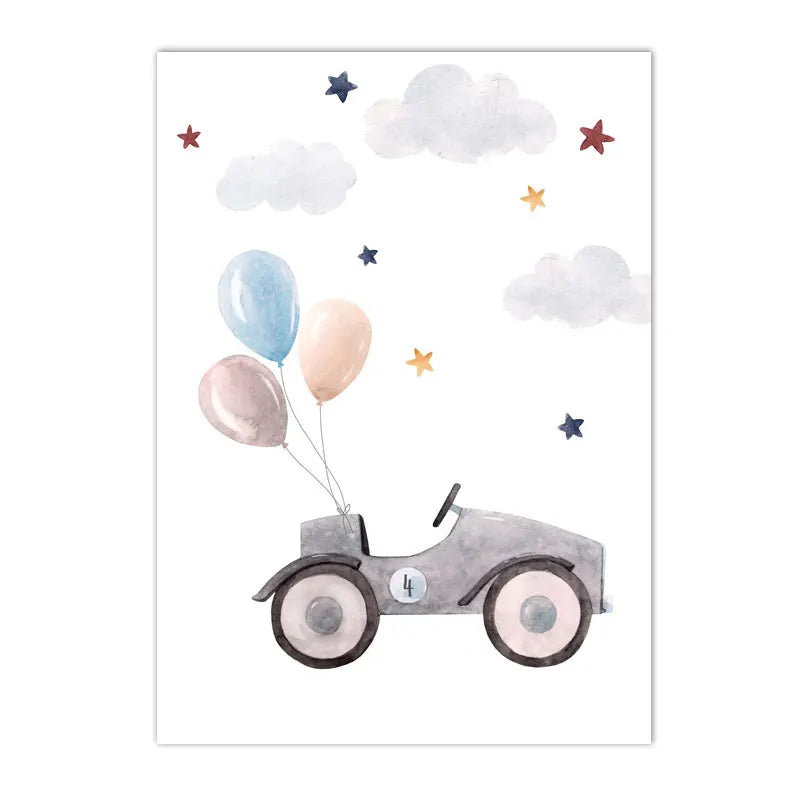 kids nordic cartoon canvas with balloon car and airplane