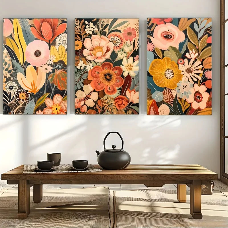 art deco floral three piece coordinated canvas set