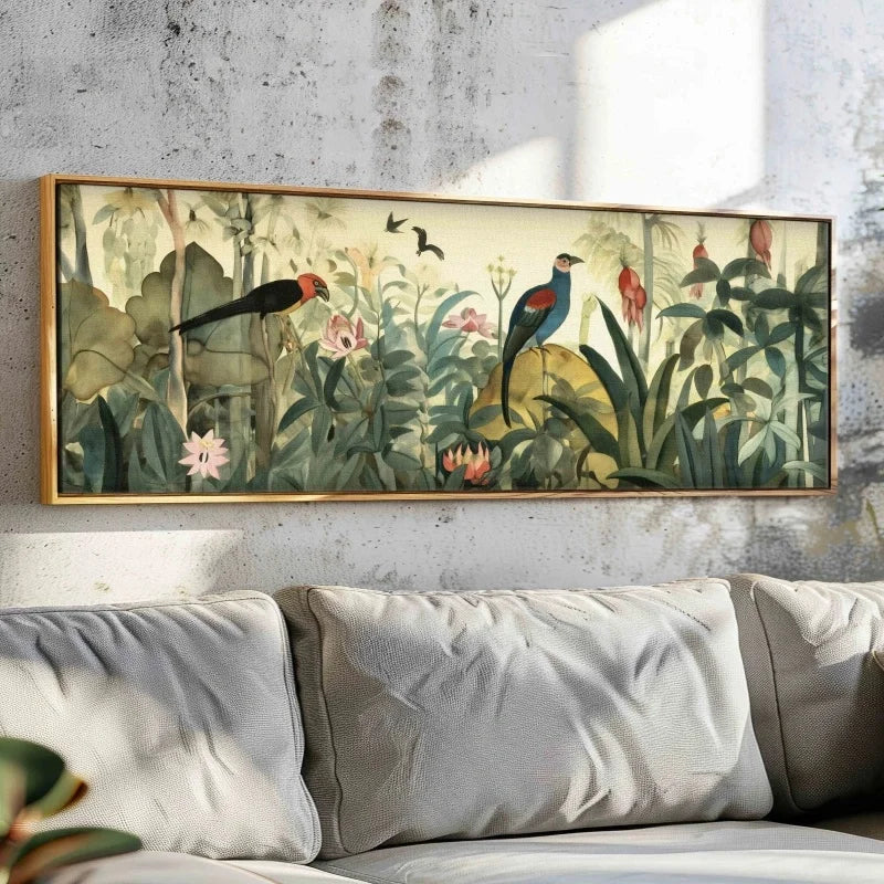 panoramic botanical floral canvas styled above a bed
