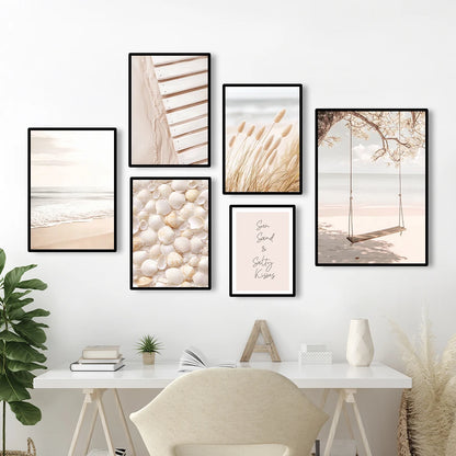 beach sunset with seagull and bridge with beige reeds Nordic canvas wall art