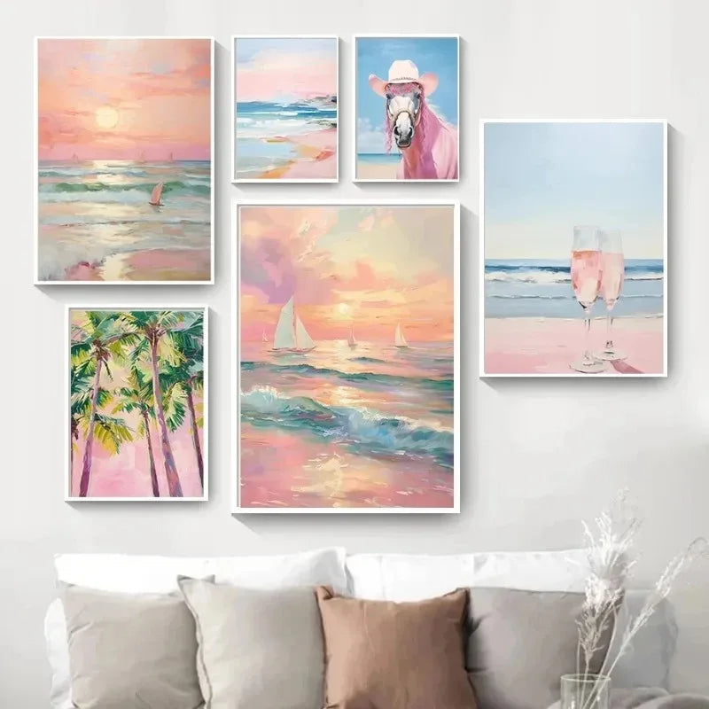 pink horse standing at coastal beach boho canvas print