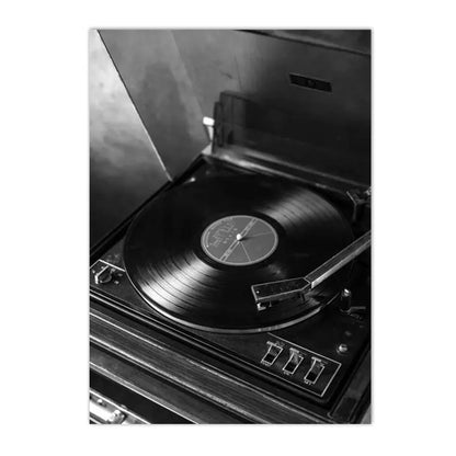 black and white vintage canvas with record camera and typewriter