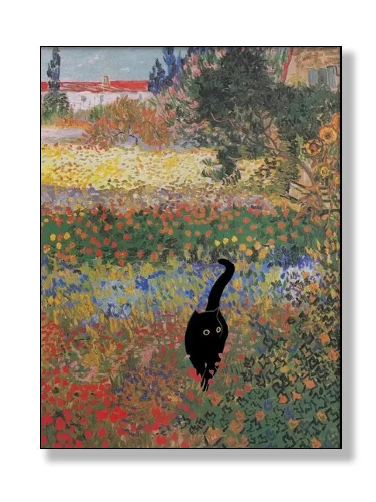black cat with impressionist water lilies canvas wall art