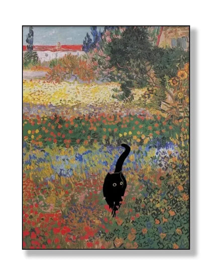 black cat with impressionist water lilies canvas wall art