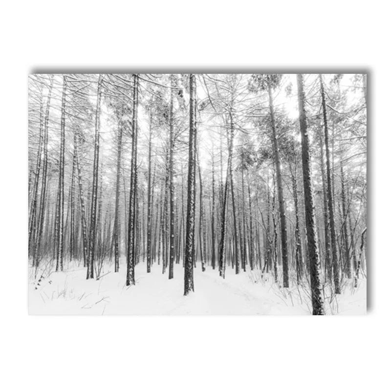 black and white winter ski scene with dog deer and snowy forest on canvas