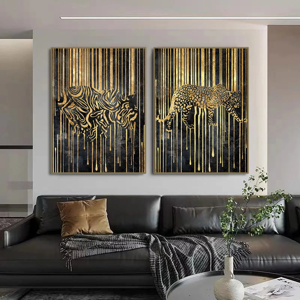 Abstract Gold Line Animals Canvas
