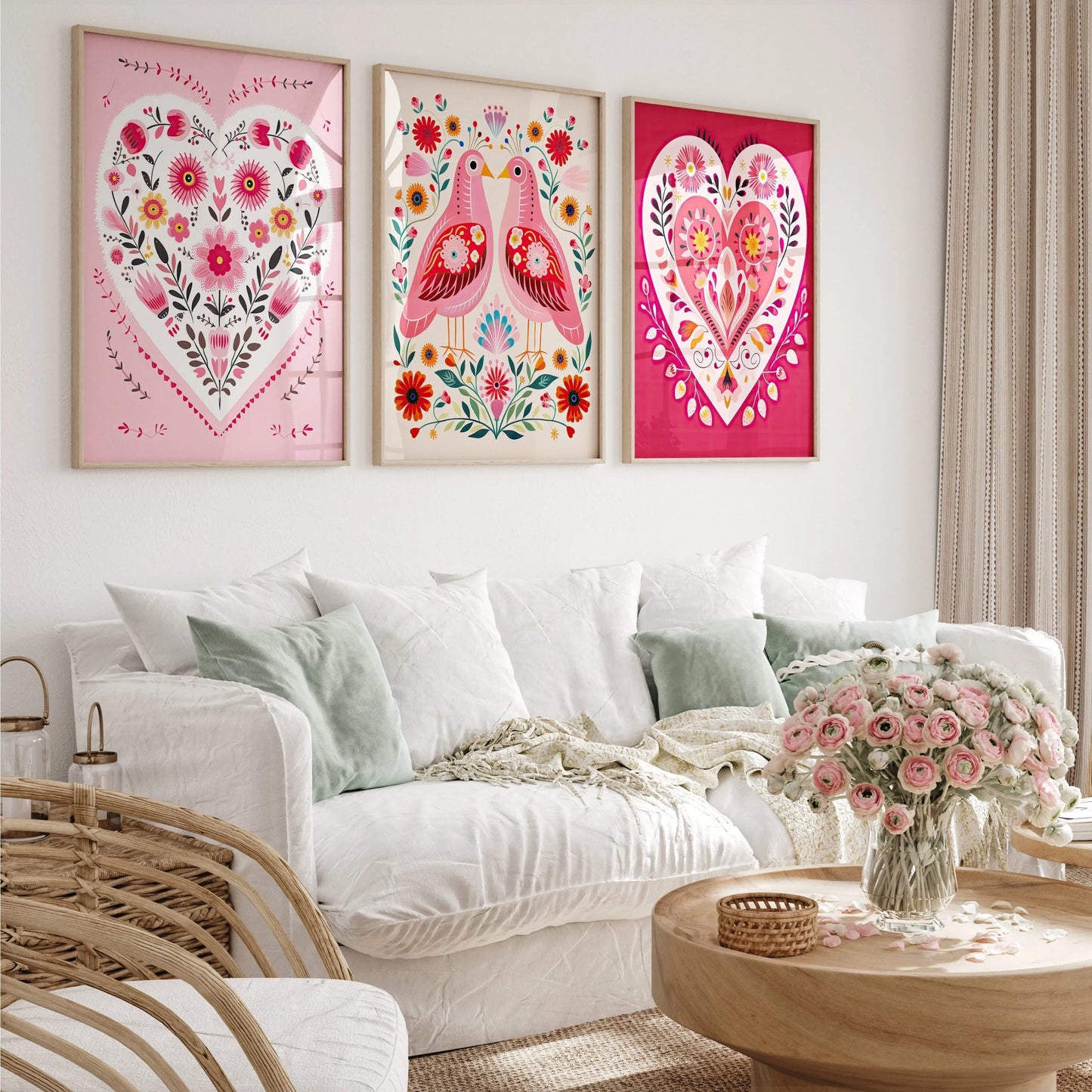 Three-piece folk-art hearts and birds Valentine canvas