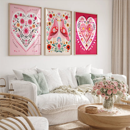 Three-piece folk-art hearts and birds Valentine canvas