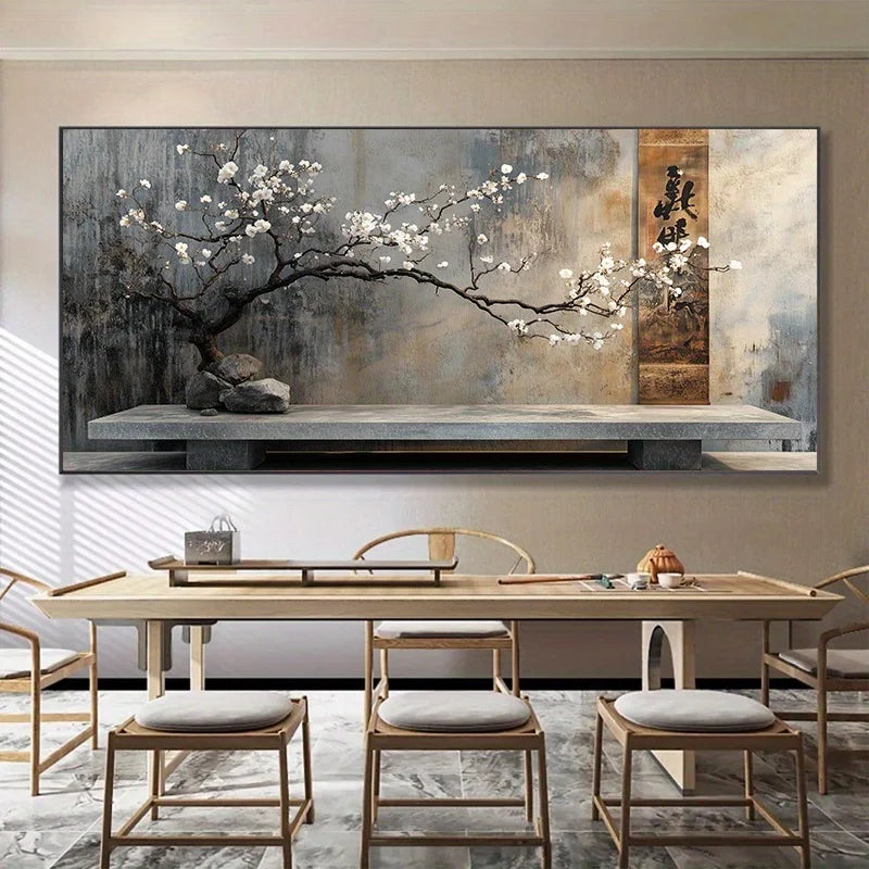 frameless abstract canvas with vintage stone terrace and flowering branch
