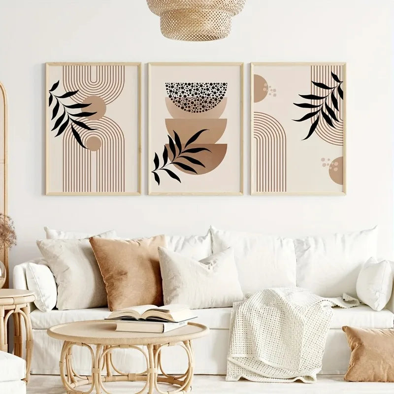 three piece boho geometric and leaf unframed canvas set