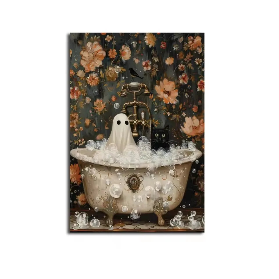 three piece bathroom canvas with ghost and black cat in a bathtub