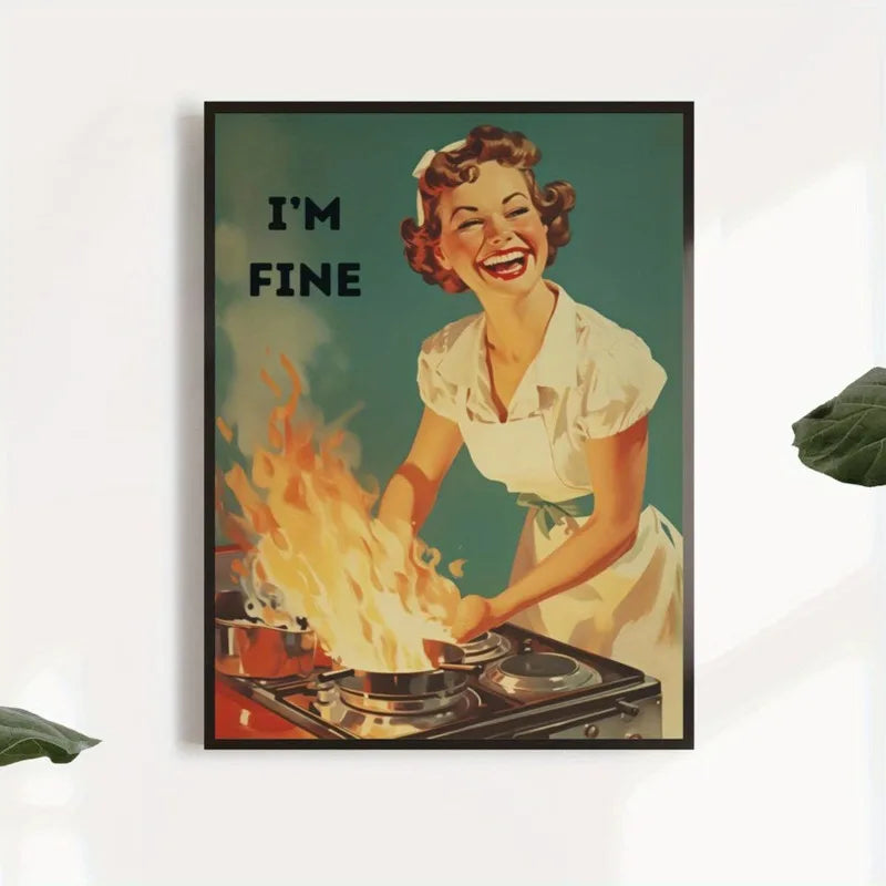 retro 50s housewife cooking cartoon frameless kitchen canvas
