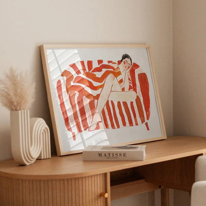 modern line art woman over red and orange striped background canvas