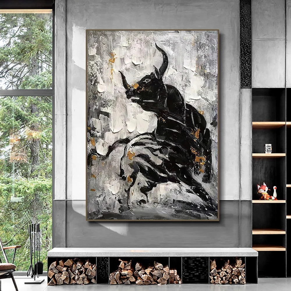 Black and white abstract bull canvas wall art