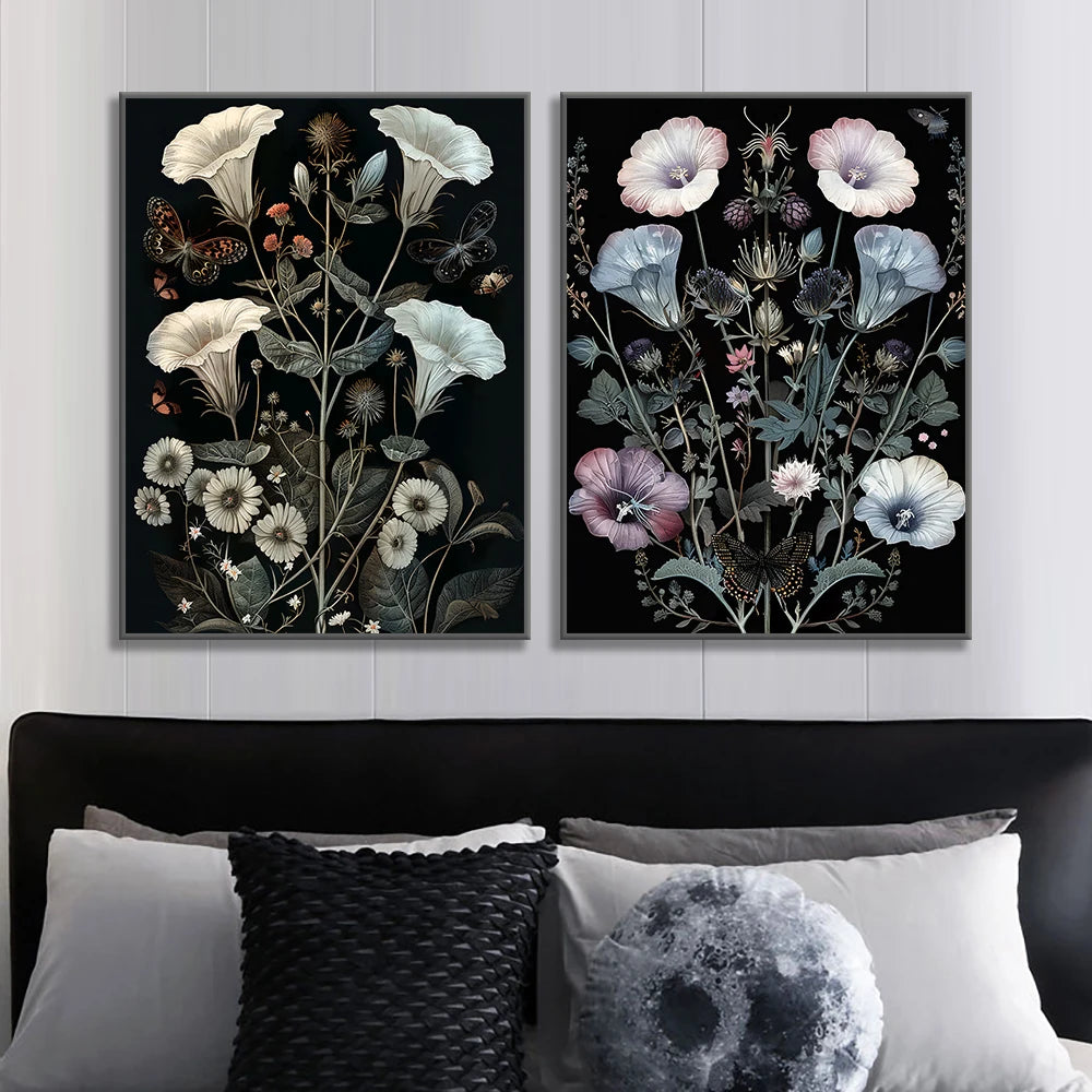 Vintage botanical butterfly with morning glory and ferns canvas