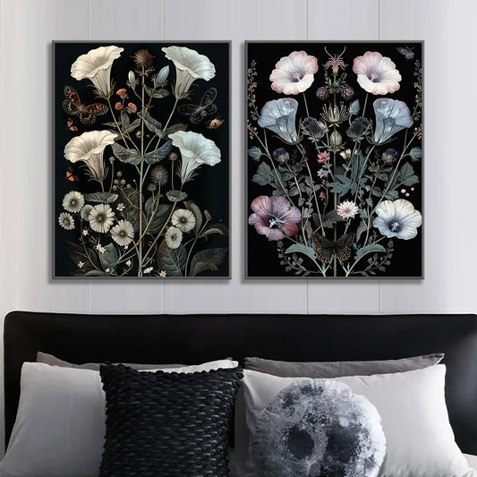 Vintage botanical butterfly with morning glory and ferns canvas