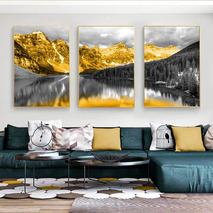 Three-piece golden snow mountain and lake landscape canvas set