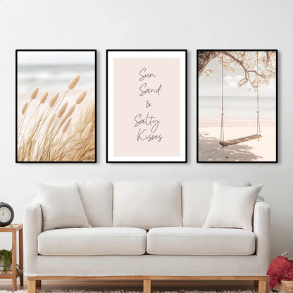 beach sunset with seagull and bridge with beige reeds Nordic canvas wall art