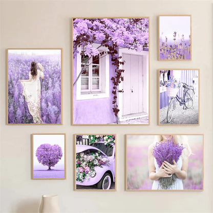 lavender dreamscape canvas with tree blossoms flower girl door bike and car