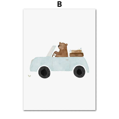 Cartoon Bear Construction Vehicle Canvas Art