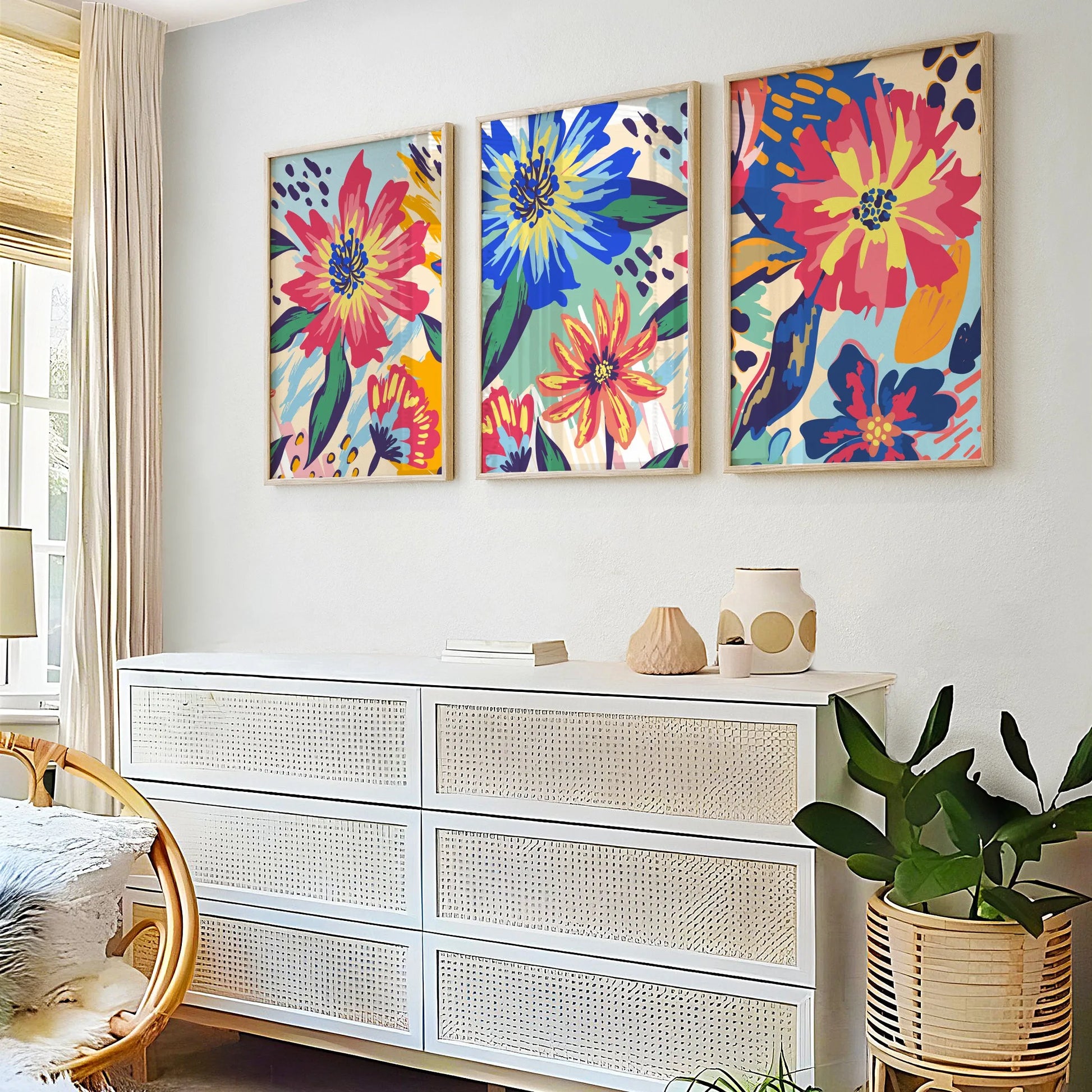 Three-piece colorful boho floral abstract canvas wall art