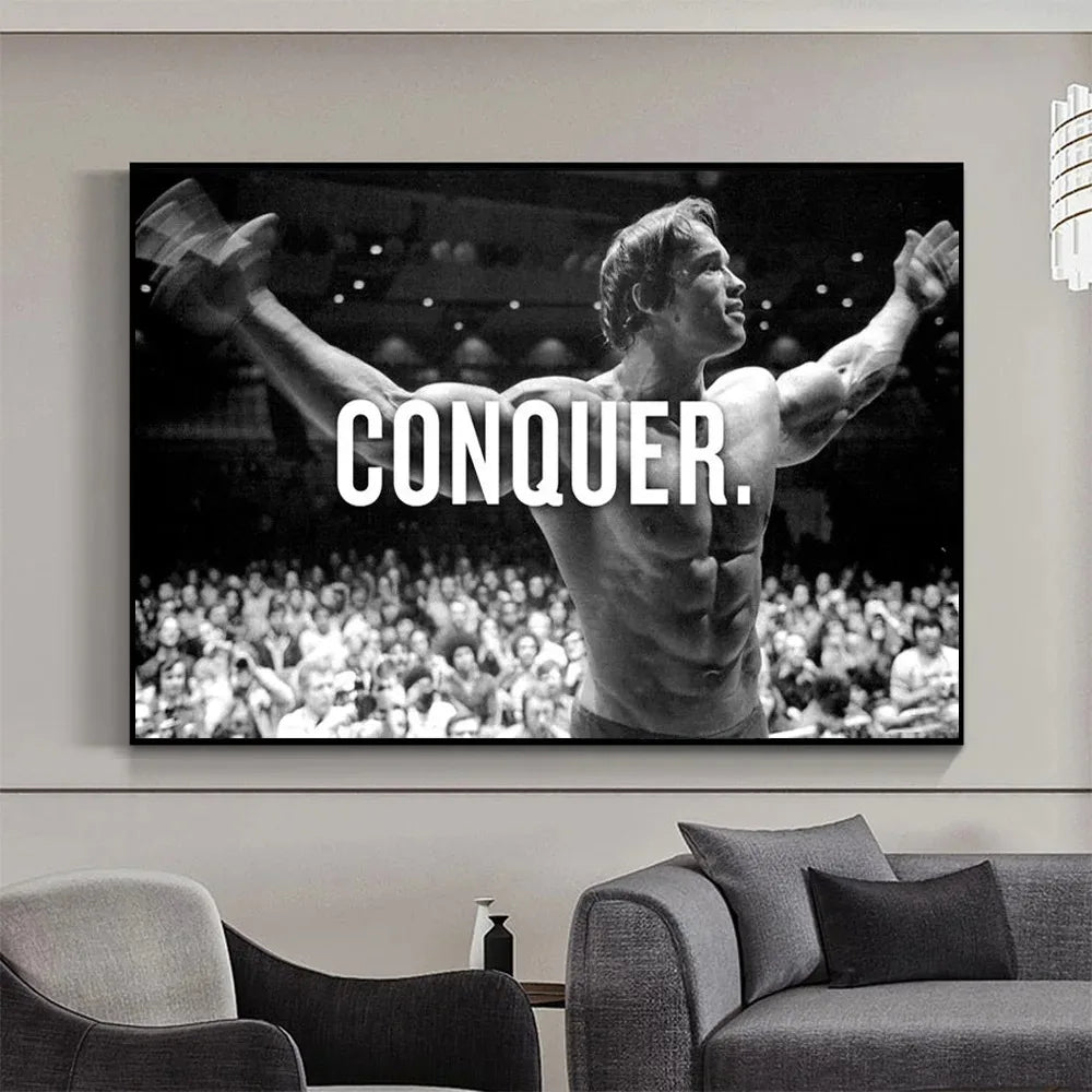 black and white motivational canvas of arnold schwarzenegger
