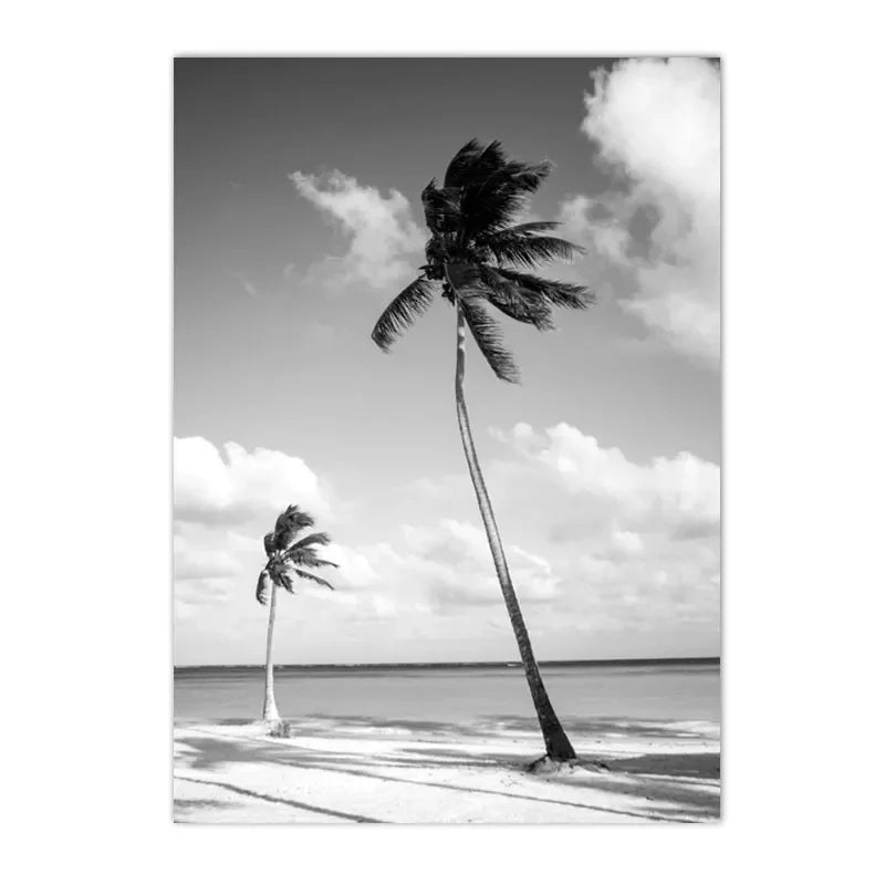 black and white coastal canvas with coconut palms sea and figure silhouette