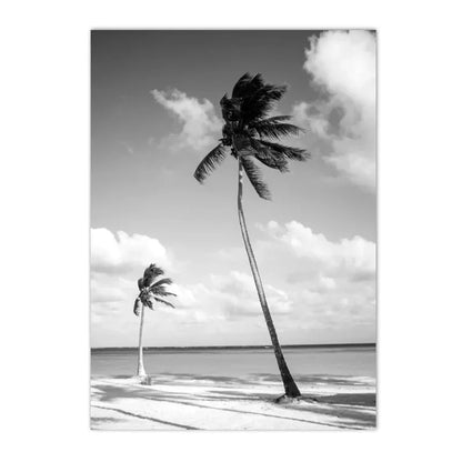 black and white coastal canvas with coconut palms sea and figure silhouette