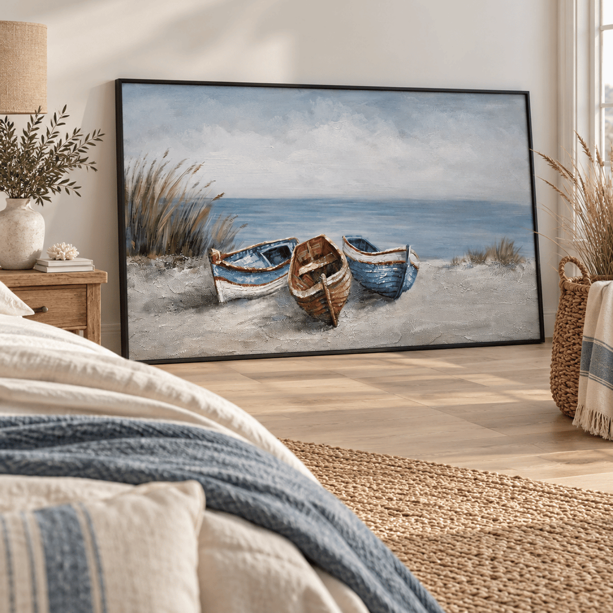 Three Boats By The Shore Canvas Print