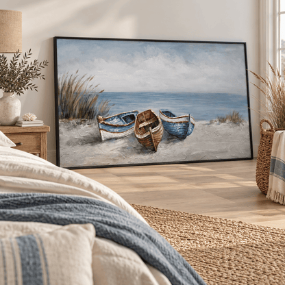 Three Boats By The Shore Canvas Print