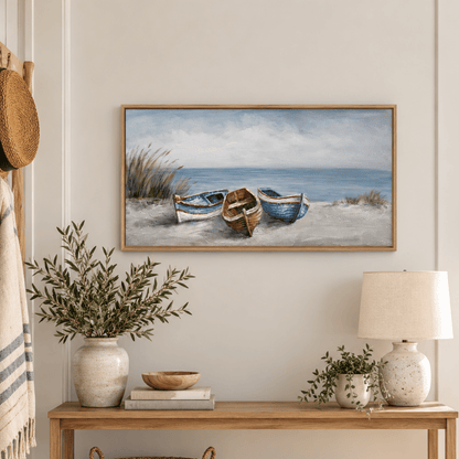 Three Boats By The Shore Canvas Print