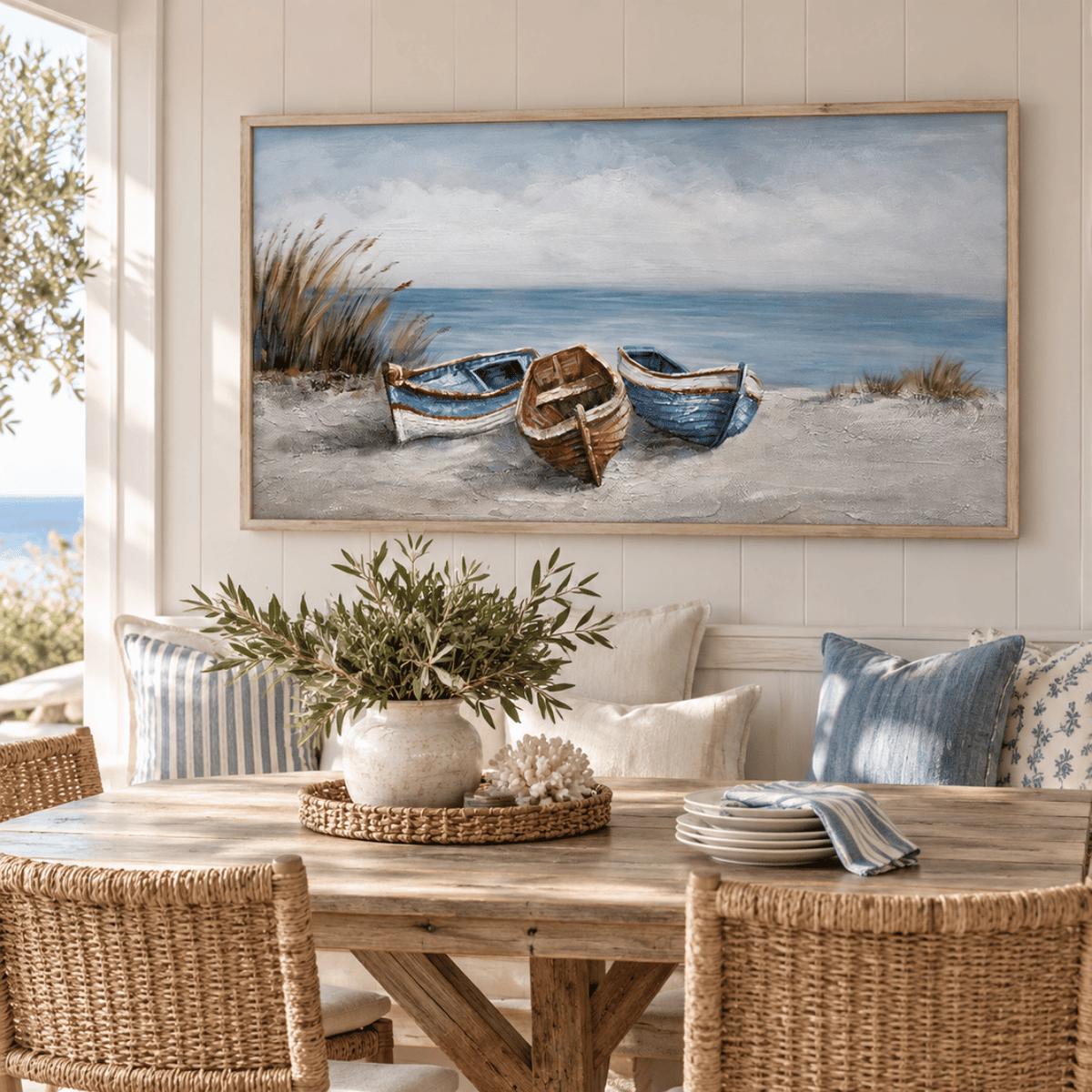 Three Boats By The Shore Canvas Print