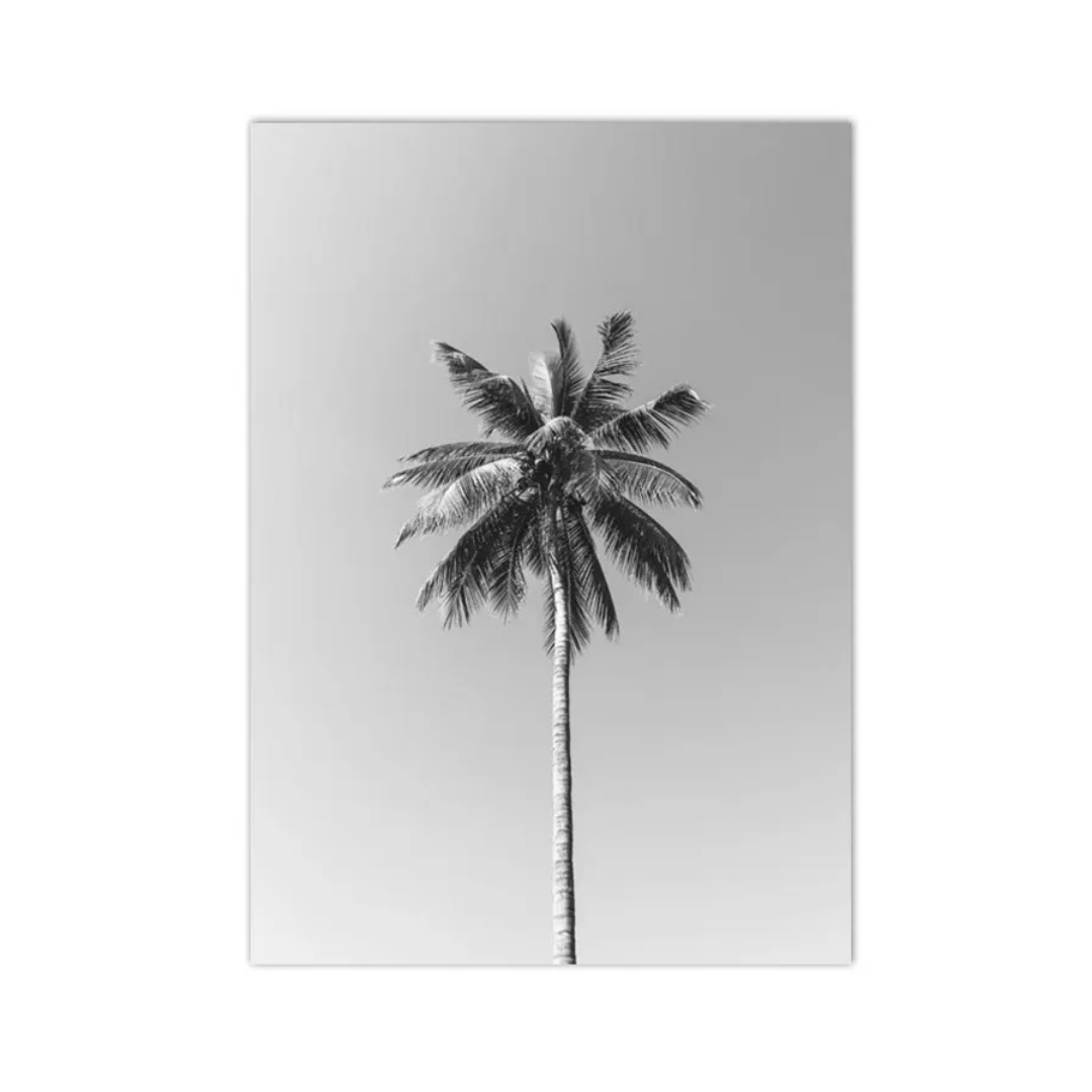 A black and white minimalist art print featuring a single tall palm tree against a light gray gradient background, shown as a vertical rectangular poster on a white backdrop.