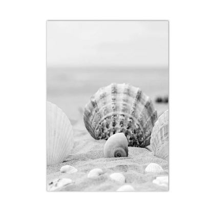 A vertical black and white photographic print of seashells resting on sandy beach ground with a soft-focus ocean background, shown centered on a white backdrop.
