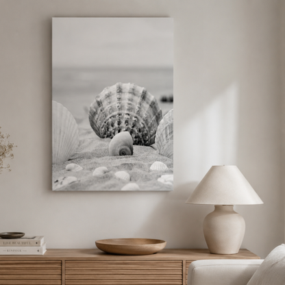 A vertical black and white canvas print of seashells on sand, displayed on a light beige wall above a wooden console table with a lamp and books.