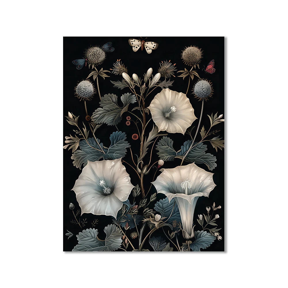 Vintage botanical butterfly with morning glory and ferns canvas