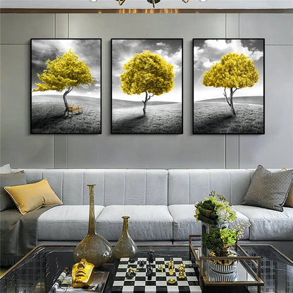 Three-piece abstract yellow tree canvas wall art