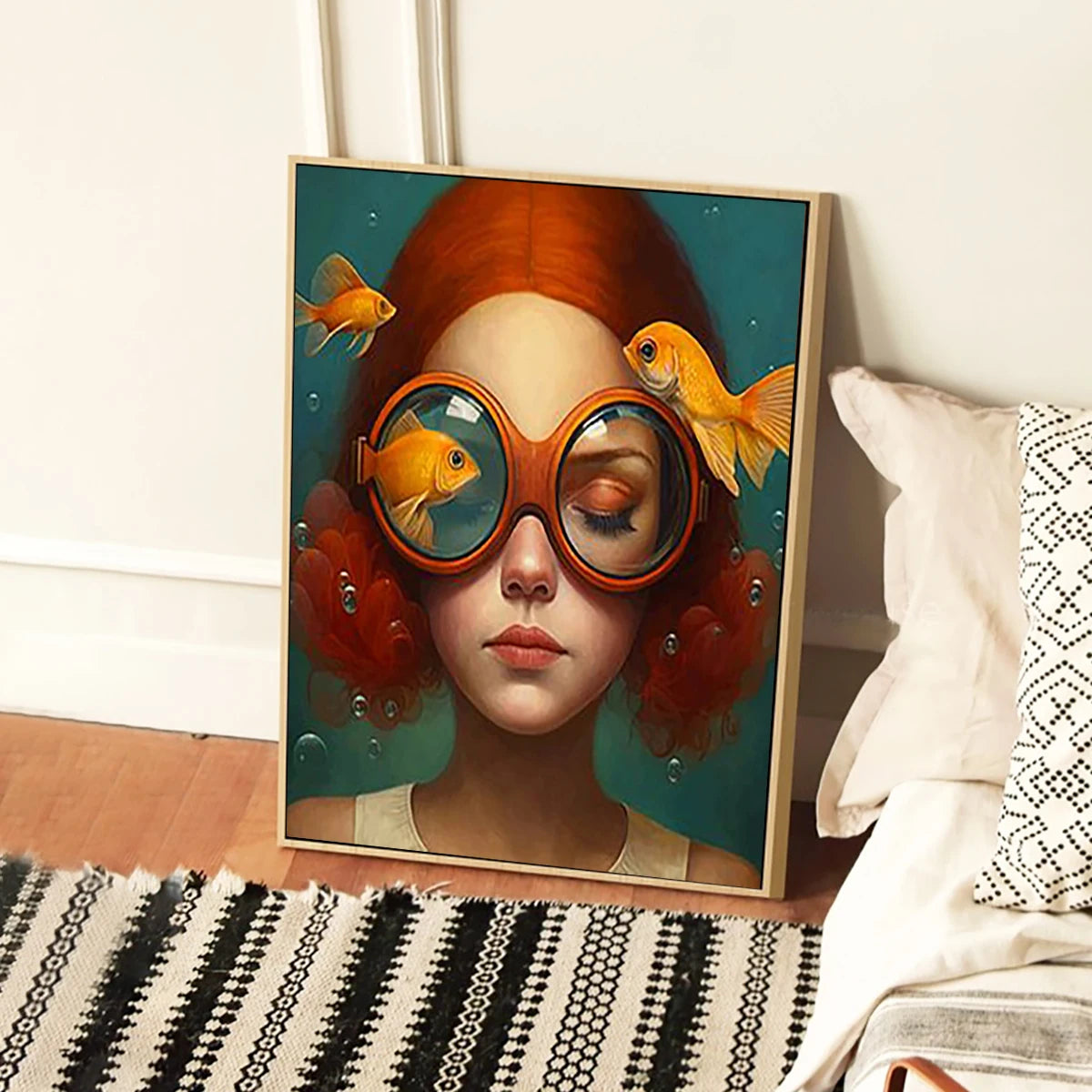 whimsical illustration of a girl wearing glasses standing in water on canvas