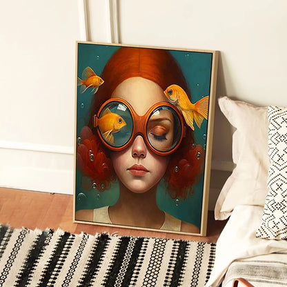 whimsical illustration of a girl wearing glasses standing in water on canvas