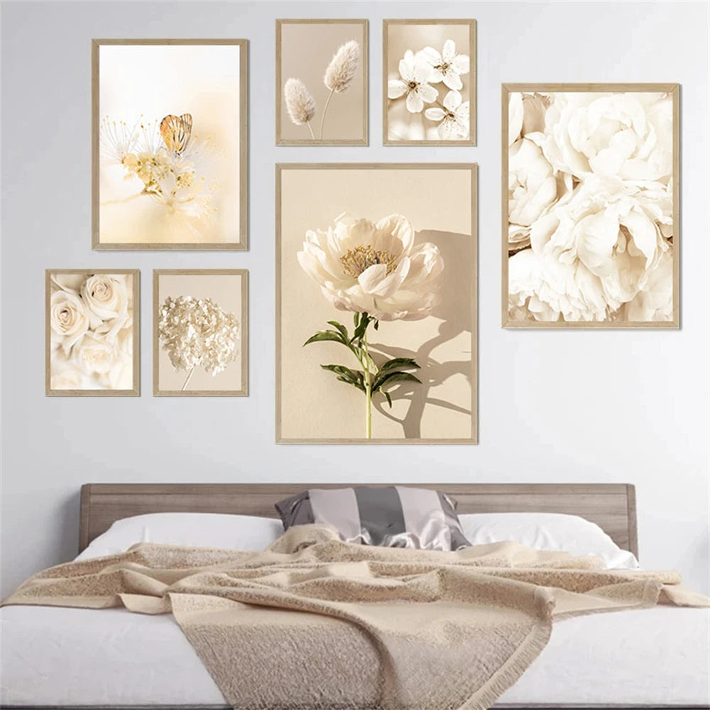 beige floral canvas with roses peonies and pampas grass