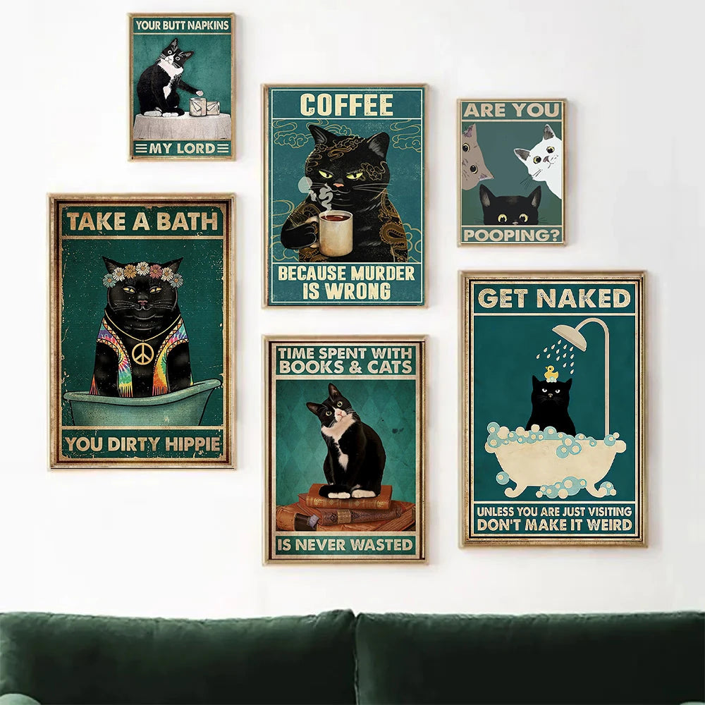 funny black cat are you pooping bathroom canvas sign