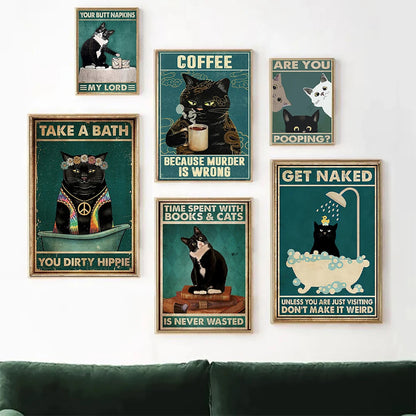 funny black cat are you pooping bathroom canvas sign