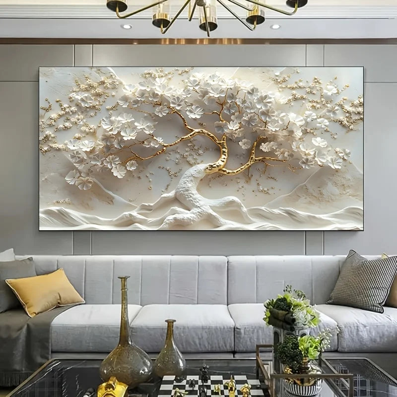 unframed abstract flowering tree canvas in gold and white