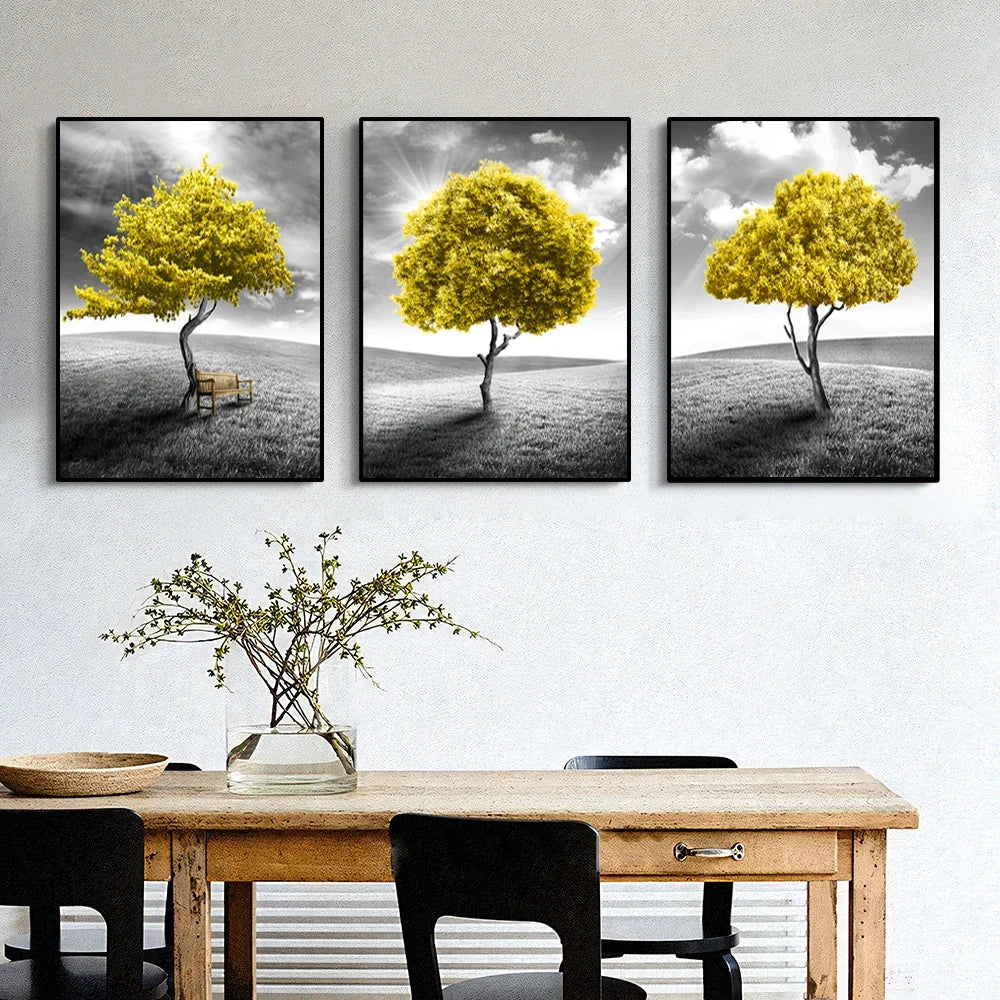 Three-piece abstract yellow tree canvas wall art