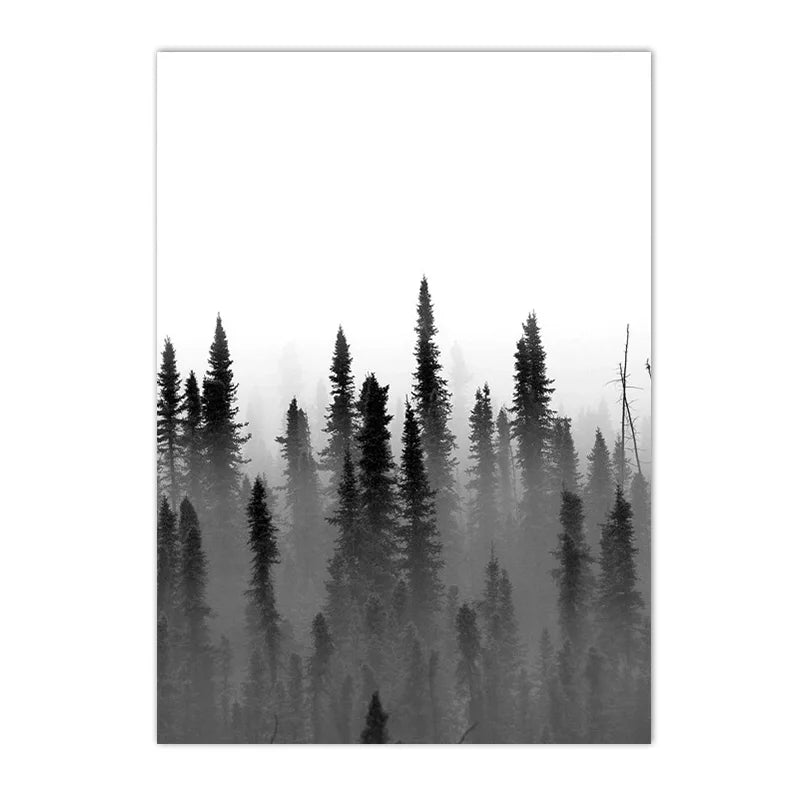 black and white foggy forest canvas with tree branch and deer