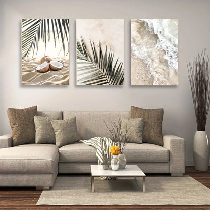 white waves on beach with palm leaves Nordic canvas wall art