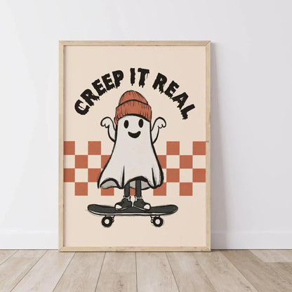 Vintage ghost and pumpkin Halloween “Creep It Real” canvas wall art
